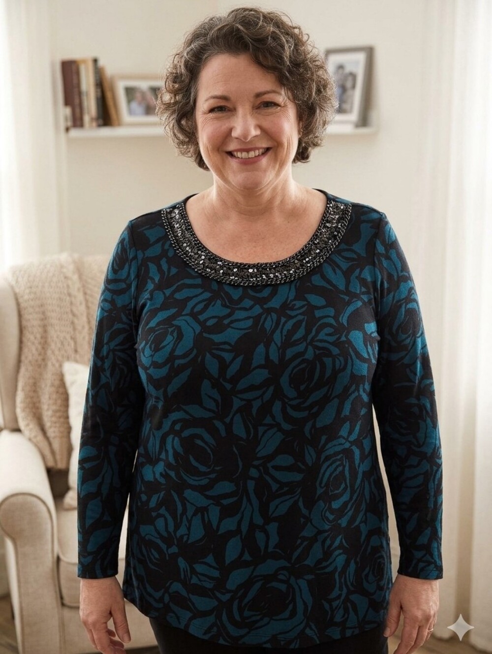 Susan Graver Black and Teal Floral Beaded Chain Scoop Neck Long Sleeve Top XL/1X